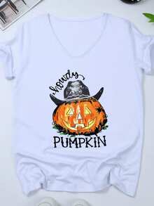 Calabaza sonriente con sombrero de vaquero que representa la alegría del otoño y la diversión de las noches festivas camiseta de mujer blanca casual cómoda para uso diario - Blanco - Ver 8