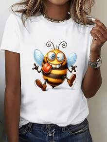 A Fun Bee With A Playful Expression And Tongue Sticking Out Conveys Joy, Energy, And A Sense Of Freedom-Perfect For Casual Days. A Comfortable And Modern Women's T-Shirt. - 白色 - 查看 1