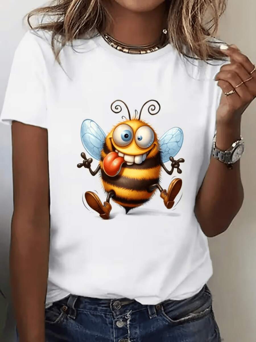 A Fun Bee With A Playful Expression And Tongue Sticking Out Conveys Joy, Energy, And A Sense Of Freedom-Perfect For Casual Days. A Comfortable And Modern Women's T-Shirt. - 白色 - 查看 1