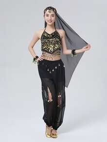 Belly Dance Costume: Gold Coin Spaghetti Strap Top + Harem Pants + Headscarf, Suitable For Performance, Halloween And Theme Parties (Multiple Colors Available) - Multicolor - View 1
