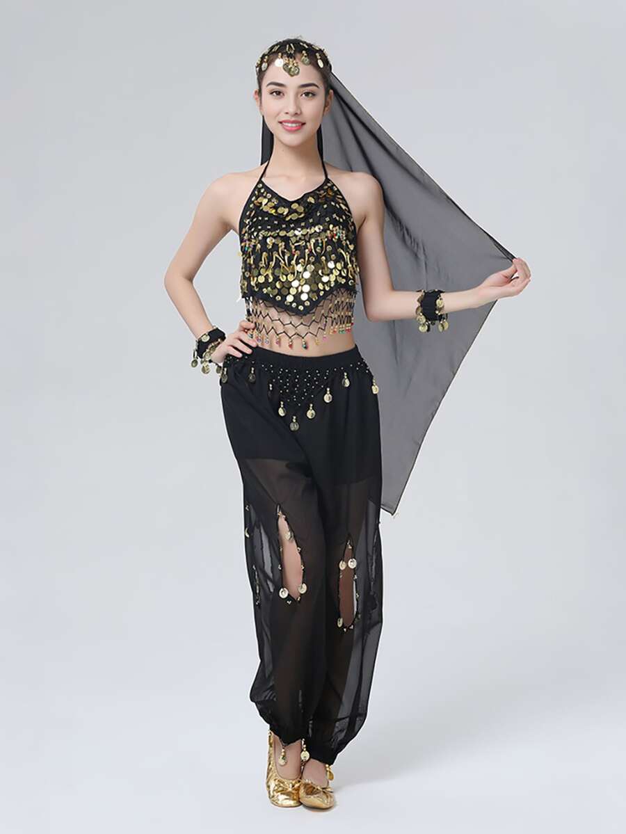 Belly Dance Costume: Gold Coin Spaghetti Strap Top + Harem Pants + Headscarf, Suitable For Performance, Halloween And Theme Parties (Multiple Colors Available) - Multicolor - View 1