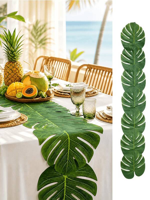 1Pc Artificial Palm Leaf Table Runner, Reusable Lightweight Waterproof Polyester Table Decor, Tropical Monstera Green Jungle Table Runner For Wedding, Hawaiian Luau, Theme Party, Summer Table Decoration