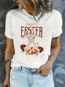 Conejo saltando entre huevos de Pascua simbolizando la renovación la esperanza y la alegría de nuevos comienzos camiseta de mujer casual blanca cómoda para verano - Blanco - Ver 1