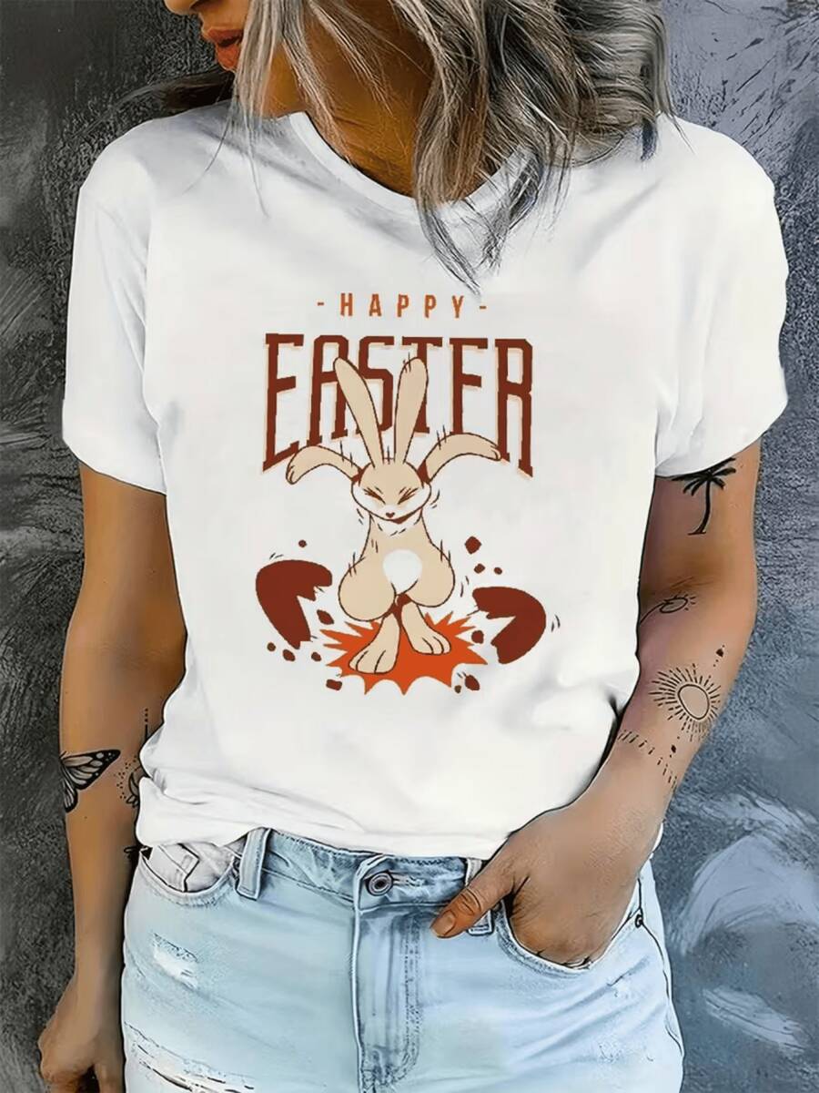 Conejo saltando entre huevos de Pascua simbolizando la renovación la esperanza y la alegría de nuevos comienzos camiseta de mujer casual blanca cómoda para verano - Blanco - Ver 1
