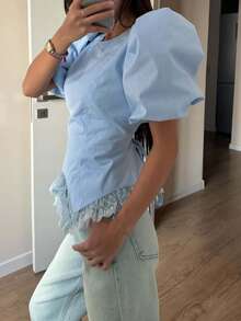 Women's Elegant Blouse Puff Sleeve Round Neck Top Lace Trim Corset Waist Back Lace Up Casual Shirts - Blue - View 4