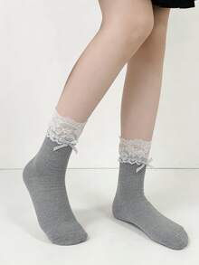 1/4 Pair Lace Patchwork Bow Ballet Style Mid-Calf Socks, Summer - Multicolor - View 15