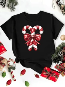 Two Red And White Candy Canes Crossed With A Bright Ribbon Symbolize Christmas Sweetness, Togetherness, And Winter Joy. Festive Casual Women's T-Shirt - 黑色 - 查看 8