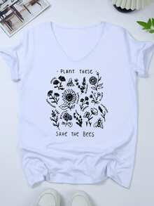 Flores silvestres que invitan a proteger las abejas mostrando plantas aromáticas y mensaje ecológico positivo para cuidar la naturaleza camiseta de mujer casual cómoda para verano - Blanco - Ver 8