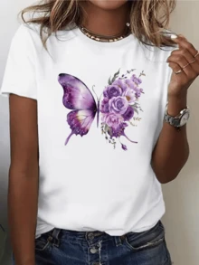Mariposa violeta que se transforma en elegantes flores lilas simbolizando libertad belleza y renovación interior camiseta de mujer casual moderna cómoda para uso diario - Blanco - Ver 8