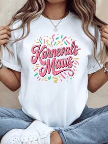 Confeti colorido con letras festivas que celebran la alegría del carnaval lleno de energía y diversión expresando un espíritu libre lleno de luces y sonrisas camiseta de mujer cómoda casual para fiesta - Blanco - Ver 1