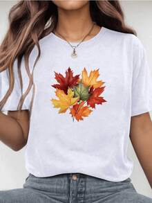 A Bouquet Of Leaves Symbolizing Change And The Warmth Of Autumn, With Red, Orange, Yellow, And Green Tones That Evoke Nature And Renewal. A Women's T-Shirt For A Casual And Fresh Look. - 白色 - 查看 1