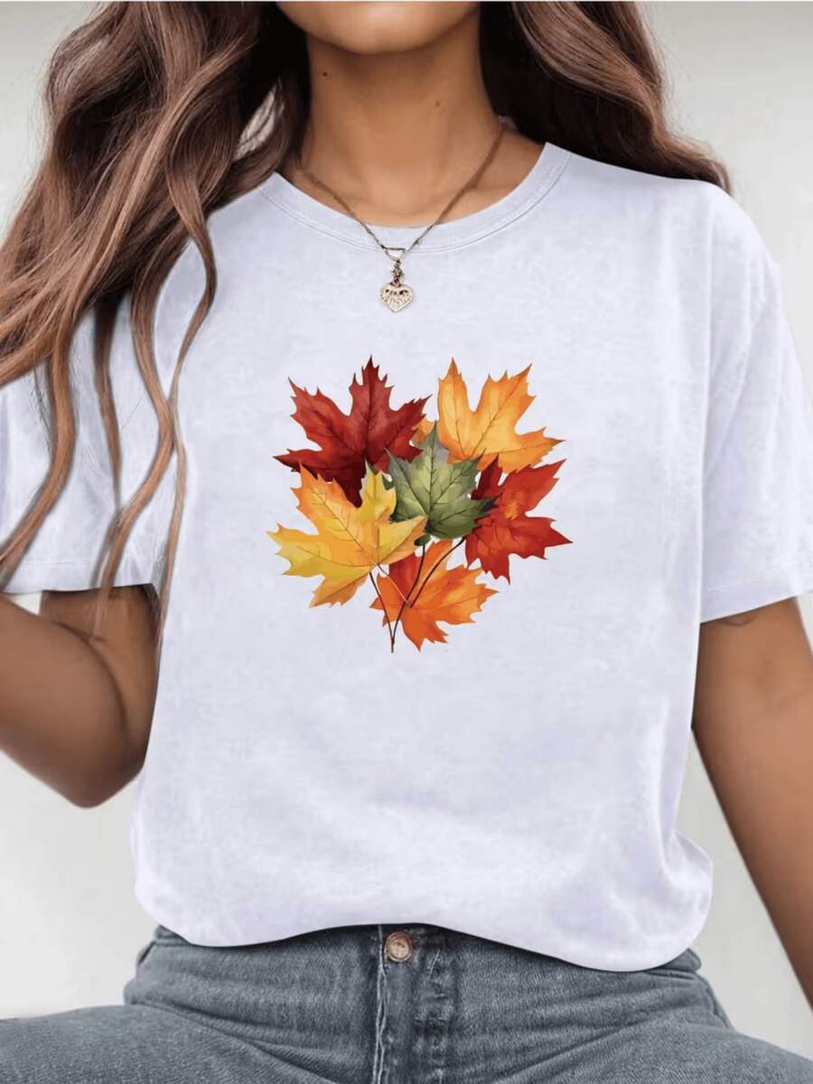 A Bouquet Of Leaves Symbolizing Change And The Warmth Of Autumn, With Red, Orange, Yellow, And Green Tones That Evoke Nature And Renewal. A Women's T-Shirt For A Casual And Fresh Look. - 白色 - 查看 1