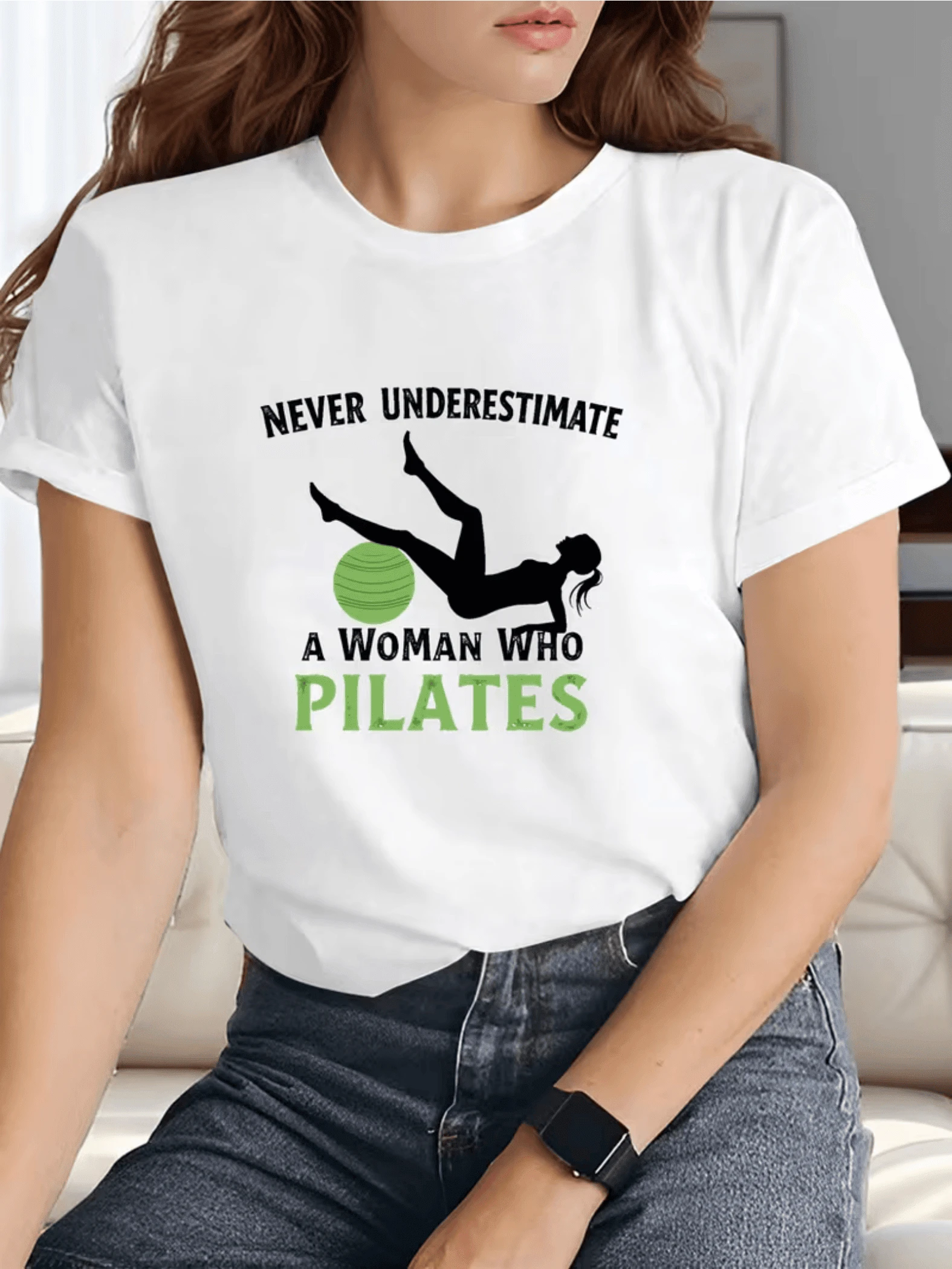 Figure Of A Woman Doing Pilates Next To A Green Ball Symbolizing Balance, Strength And Overcoming Challenges, Inspiring Confidence And Positive Energy. Comfortable Casual Women's T-Shirt For Training And Everyday Wear - 白色 - 查看 1