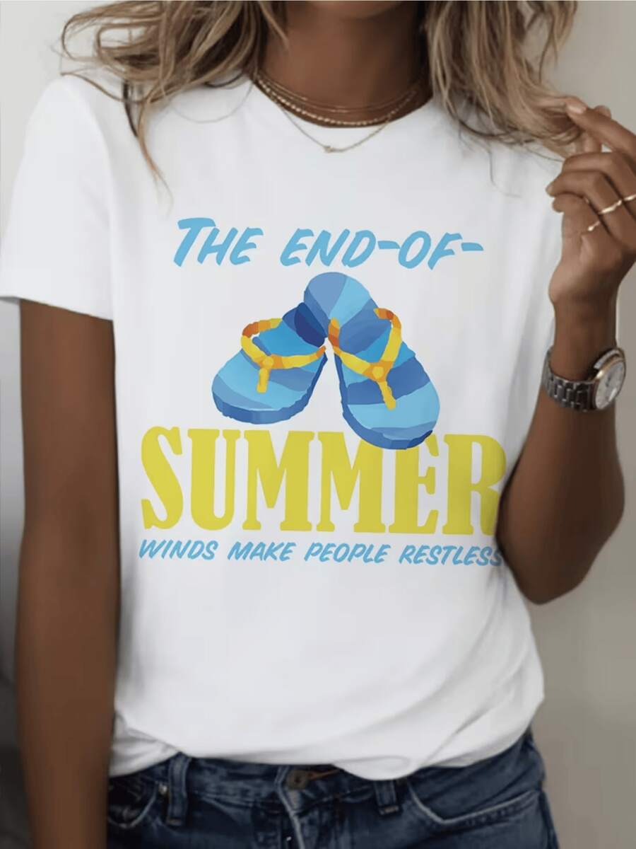 Sandalias azules que simbolizan la paz de los días soleados y el deseo de libertad junto al mar al final del verano con letras amarillas que evocan energía camiseta de mujer casual cómoda para uso diario - Blanco - Ver 1