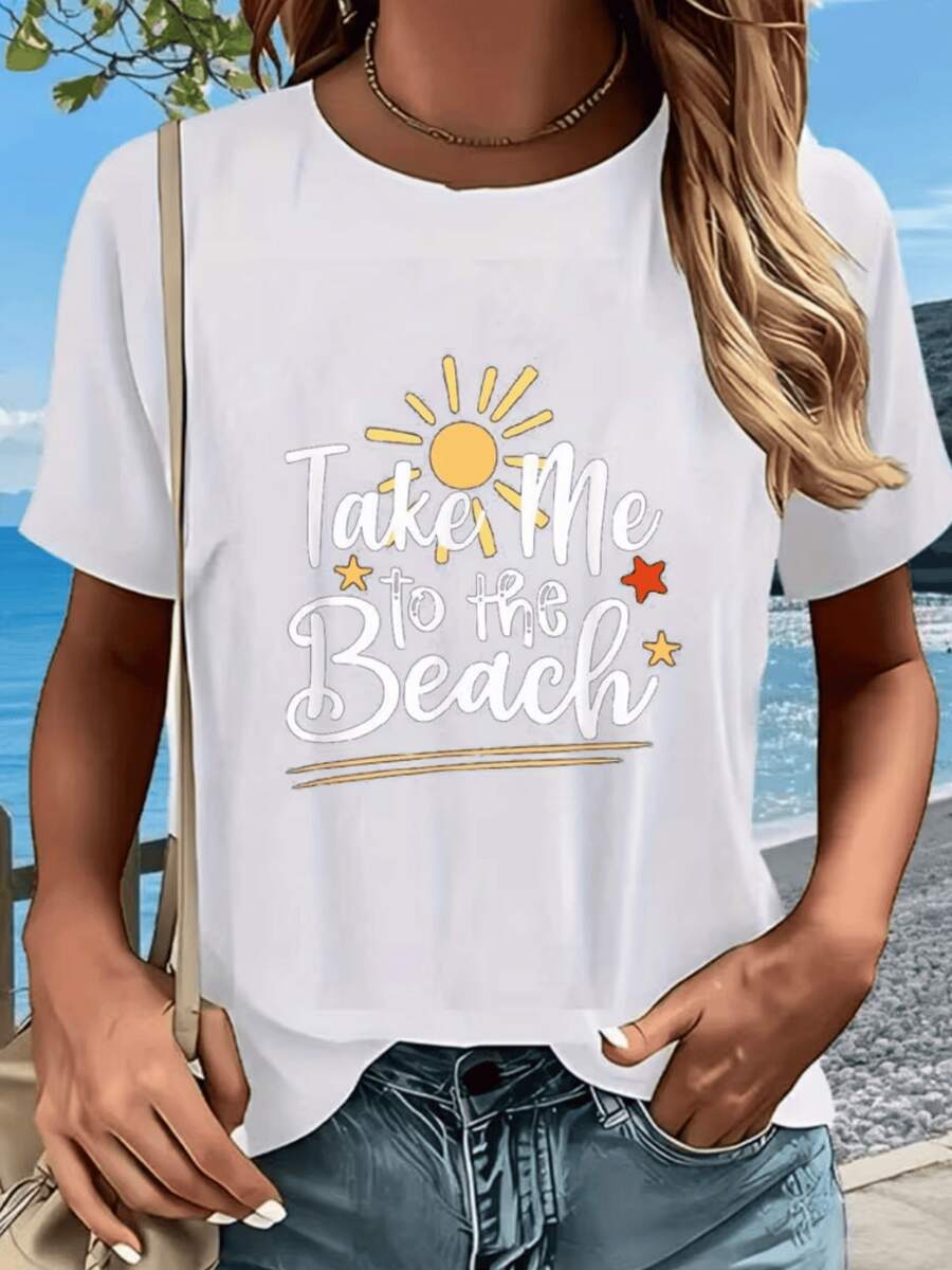 Radiant Sun Alongside Stars And Lettering That Inspires Seaside Trips, Creating A Feeling Of Freedom And Summer, Ideal For Sunny Days. Women's Casual, Modern, Comfortable T-Shirt For Beach Walks. - 白色 - 查看 1