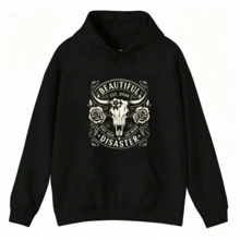 Beautiful Disaster "Bull Skull Print Hoodie, Western Vintage Pullover Fashion Casual Men's Hoodie Oversized Comfortable Street Hoodie Men's Hoodie Sportswear Retro Pattern Design Soft Cotton Blended Long Sleeve Casual Hoodie, Perfect Gift For Boyfriends And Husbands - màu đen - Xem 1