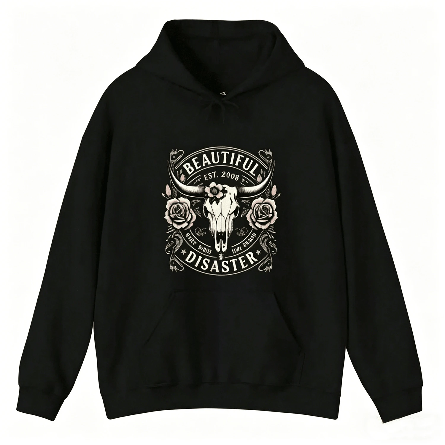 Beautiful Disaster "Bull Skull Print Hoodie, Western Vintage Pullover Fashion Casual Men's Hoodie Oversized Comfortable Street Hoodie Men's Hoodie Sportswear Retro Pattern Design Soft Cotton Blended Long Sleeve Casual Hoodie, Perfect Gift For Boyfriends And Husbands - màu đen - Xem 1