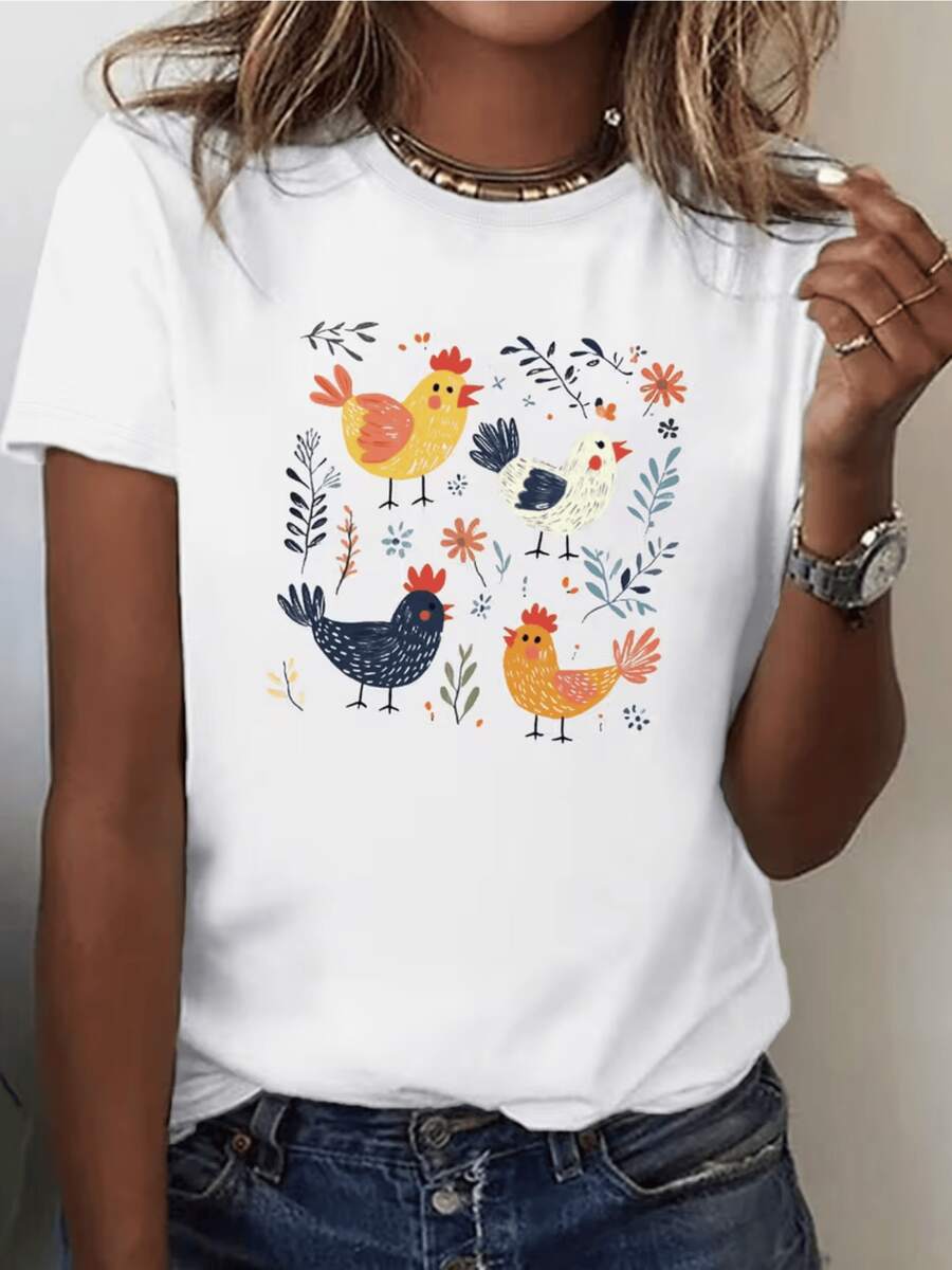 Four Colorful Roosters And Flowers Represent Joy, Optimism, And A Connection With Nature, Evoking Freshness And Positive Energy. A Comfortable, Casual Women's T-Shirt For Everyday Wear. - 白色 - 查看 1
