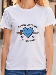 Pixelated Blue Heart Pierced By A Sword Representing The Strength And Passion Of Gamers With The Phrase "Gamers Don't Die We Respawn" - A Fun Casual Women's T-Shirt For Video Game Fans - 白色 - 查看 1