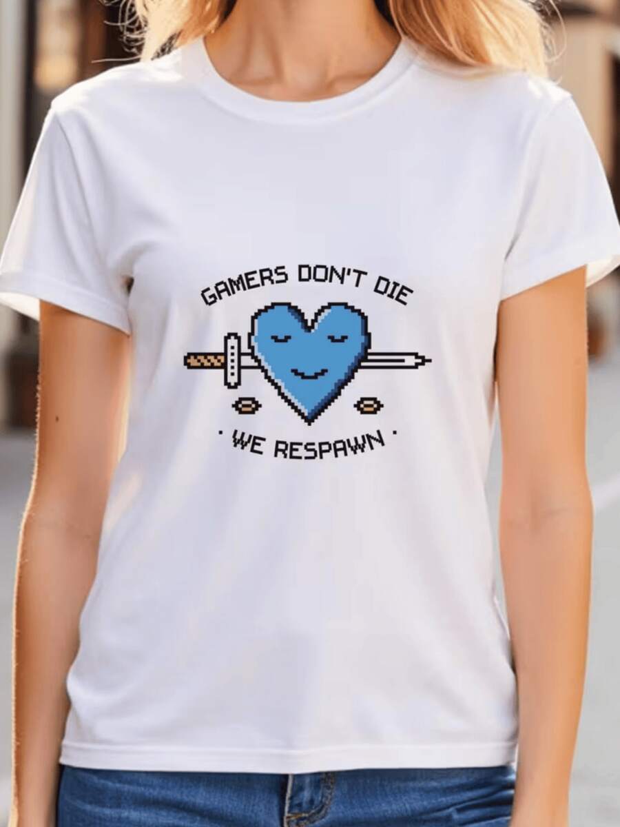 Pixelated Blue Heart Pierced By A Sword Representing The Strength And Passion Of Gamers With The Phrase "Gamers Don't Die We Respawn" - A Fun Casual Women's T-Shirt For Video Game Fans - 白色 - 查看 1