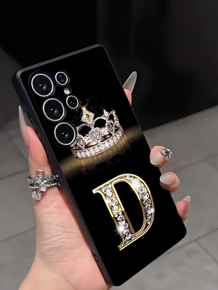 1pc Fashion D-Letter Diamond Crown Element Phone Case, Black TPU Soft Shell, Scratch-Resistant, Shock-Proof, Compatible With Huawei, Honor, Galaxy, - Black - View 1