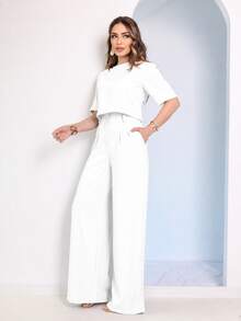 Women's Blouse And Wide-Leg Pants Set - White - View 3