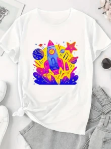 Colorful Rocket Soaring Through The Universe With Bright Stars And Planets That Evoke The Energy Of Dreams And Space Exploration. Comfortable, Modern, Casual Women's T-Shirt For Everyday Wear. - 白色 - 查看 1