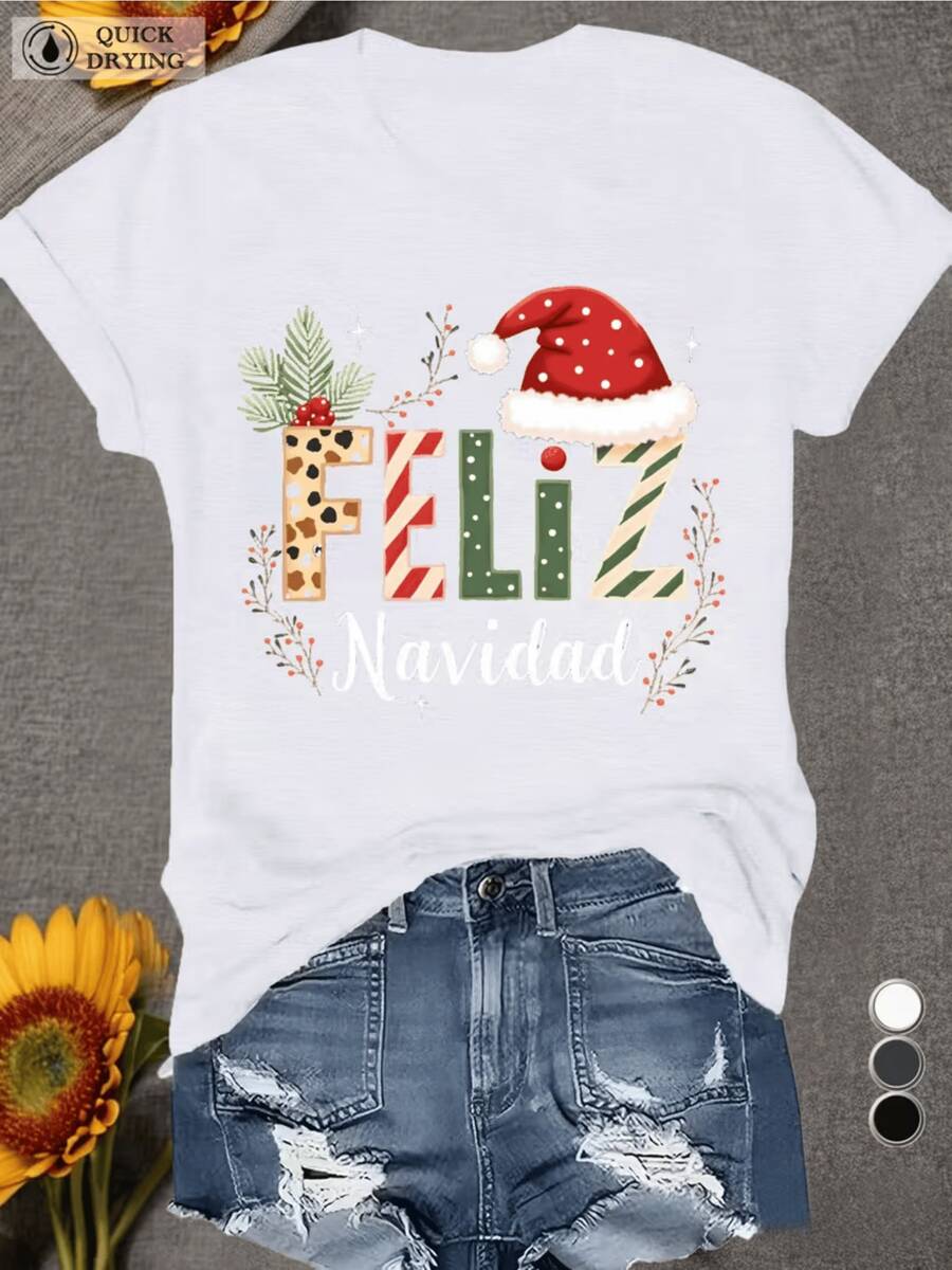 Texto festivo con letras coloridas que forman la frase Feliz Navidad acompañado de ramas verdes y gorro rojo de Santa evocando alegría navideña en cada detalle camiseta de mujer casual cómoda para celebración invierno - Blanco - Ver 1