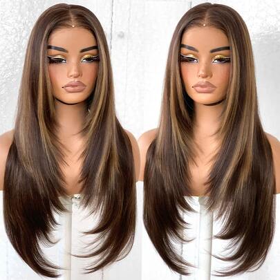 26 Inch No-Glue Natural Black Straight Layered Wig, 4x6 Inch Synthetic Hair Wig With Pre-Cut Hairline, High Quality Fiber Material