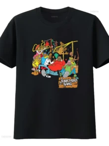 Un grupo animado de músicos callejeros tocando instrumentos con alegría transmite energía urbana y espíritu libre creando una atmósfera de comunidad y diversión camiseta de mujer casual cómoda con estampado divertido y moderno ideal para uso diario - Negro - Ver 8