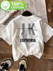Camiseta con Estampado Euphoria, Manga Corta, Cuello Redondo, Estilo Casual para Verano y Primavera, Ropa de Mujer, Camiseta de Algodón Cómoda - Blanco - Ver 2