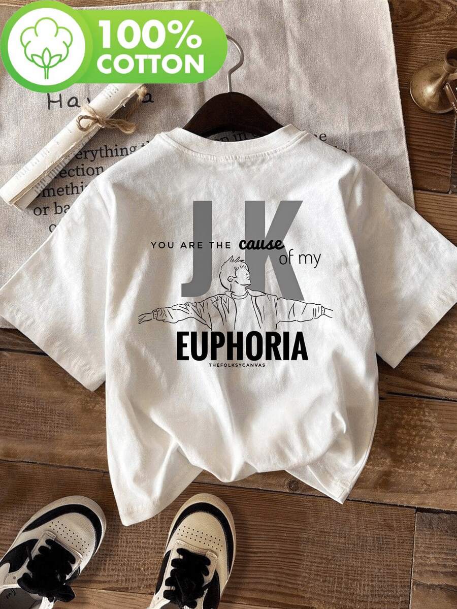 Camiseta con Estampado Euphoria, Manga Corta, Cuello Redondo, Estilo Casual para Verano y Primavera, Ropa de Mujer, Camiseta de Algodón Cómoda