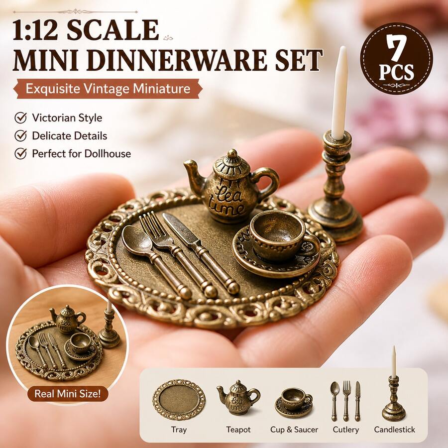 This Exquisite Victorian-Style Miniature Tableware Set Includes Delicately Crafted Candlestick (With Candle), Tableware, Teapot, Coffee Cup And Tray. Perfect For Decorating Afternoon Tea Or Dinner Scenes In Dollhouses. - one-size - View 1