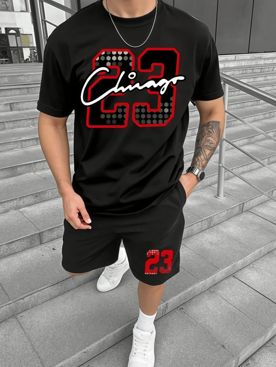 Men's Summer Casual Digit Print Short Sleeve T-Shirt & Shorts 1 Pieces Set - 黑色短褲 - 查看 1