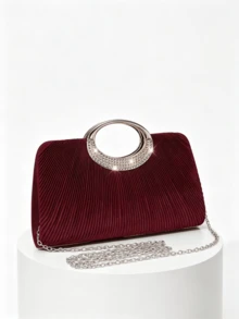 Burgundy Pleated Evening Clutch Bag - Rhinestone Ring Handle, Suitable For Weddings, Galas And Parties - Burgundy - View 2