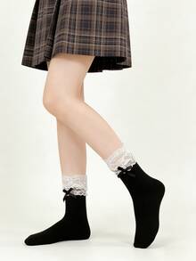 1/4 Pair Lace Patchwork Bow Ballet Style Mid-Calf Socks, Summer - Multicolor - View 14