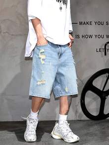 Pantalones cortos de mezclilla desgastados y lavados de moda callejera de verano para hombres - Lavado ligero - Ver 3