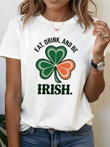 Trébol verde y naranja que simboliza la suerte irlandesa y la alegría de celebrar momentos felices con energía positiva camiseta de mujer casual cómoda para verano - Blanco - Ver 1