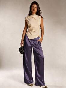 Pantalones de satén y seda de unicolor para mujer con bolsillos y cremallera, adecuados para vacaciones, oficina, brunch, atuendo de aeropuerto, todo el año Blanco Primavera - Morado - Ver 5