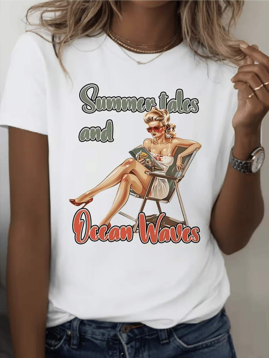 A Relaxed Woman Reading By The Sea In The Sun Conveys Freedom, Rest, And Summer Nostalgia With Vintage Lettering, Inspiring Calm And Positive Energy. Casual Women's T-Shirt For Sunny Days. - 白色 - 查看 1
