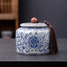复古蓝白莲花陶瓷圆罐，家居装饰，储物罐，茶室桌面橱柜装饰罐 - 查看 9