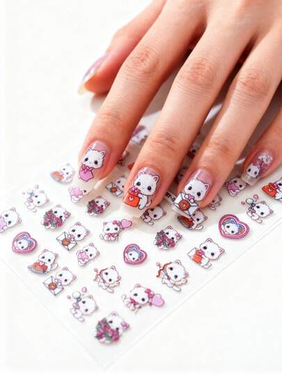 1pc Cute Cat Nail Stickers, Self-Adhesive One-Time Embossed Nail Art Decals, Adorable Pattern Nail Stickers Suitable For Daily & Date, Easy To Apply & Durable