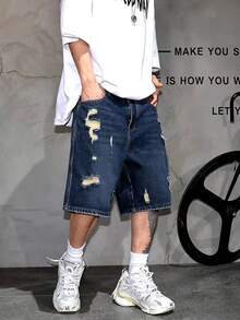 Men's Summer Street Fashion Distressed Washed Denim Shorts - Blue - View 3