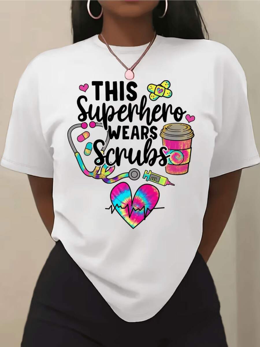 Colorful Symbols Celebrating The Strength And Dedication Of Those Who Care For Lives, With A Vibrant Heart And Energetic And Optimistic Medical Elements. Comfortable, Modern Casual Women's T-Shirt For Everyday Wear. - 白色 - 查看 1