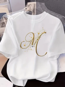 Limited Edition Women's White Short-Sleeved T-Shirt, Lightweight And Breathable, Made From Exquisite Cotton, Soft To The Touch, With A Stylish Gold Letter Print. Simple And Elegant Design, Perfect For Daily Commutes, Casual Office Wear, Business Casual Occasions, Everyday Street Wear, Evening Strolls, Leisure Trips Around Town, Weekend Relaxation, And Everyday Basics. Versatile And Affordable. Lightweight Cotton - 白色 - 查看 7