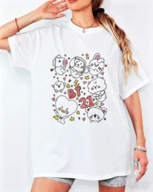 B-T-21 Söt Chibi-karaktär med konsttryck, unisex t-shirt med lös passform och kortärmad design - Vitt - Visa 7