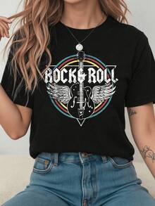 Guitarra con alas que simboliza la libertad del espíritu y la energía del rock fusionado con el poder de la música transmitiendo pasión y fuerza camiseta de mujer moderna casual cómoda para uso diario - Negro - Ver 1