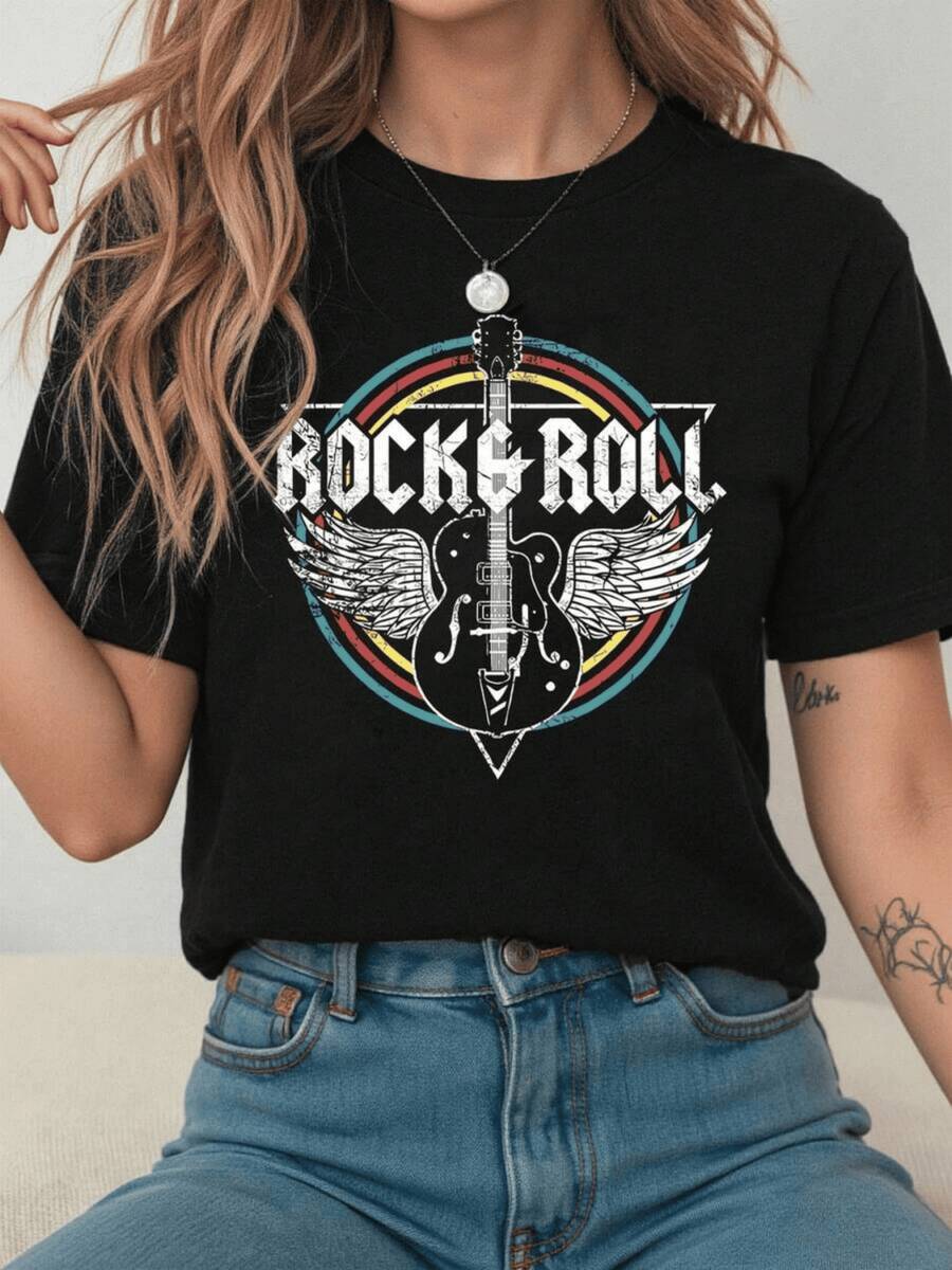 Guitarra con alas que simboliza la libertad del espíritu y la energía del rock fusionado con el poder de la música transmitiendo pasión y fuerza camiseta de mujer moderna casual cómoda para uso diario - Negro - Ver 1