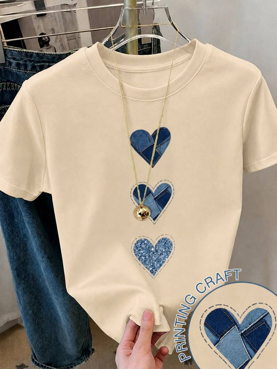Women's Short-Sleeved T-Shirt With Heart Print, Spring Clothing, Holiday Outfit, White For Summer, Beach Look, Vacation Style, Country Style, Women's Office Outfit. - 杏色 - 查看 1