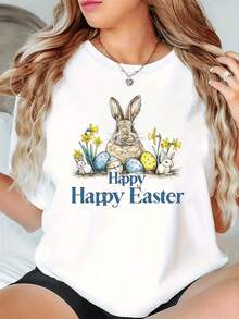 Conejo rodeado de flores amarillas y huevos coloridos que simbolizan la alegría y el renacer de la Pascua con mensaje festivo Happy Easter camiseta de mujer casual cómoda para días alegres - Blanco - Ver 8